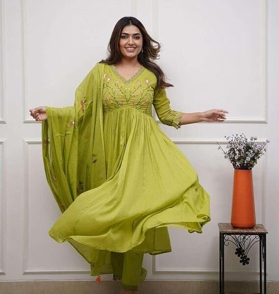 Women's Cotton Embroidered Long Anarkali Kurti with pant and Dupatta Set