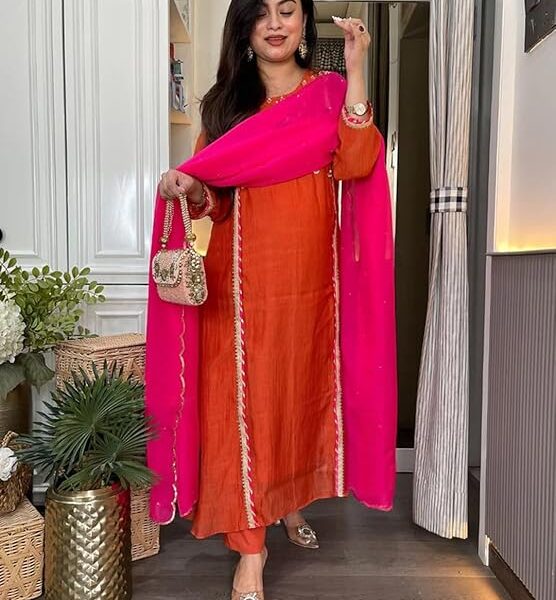 Women’s Viscose Blend Straight Embroidered Kurta with Pant and Dupatta Set | Ethnic 3 Piece Suit