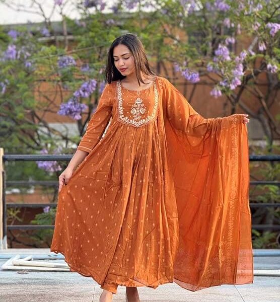 Women's Cotton Embroidery Anarkali Kurti and Pant with Dupatta Set
