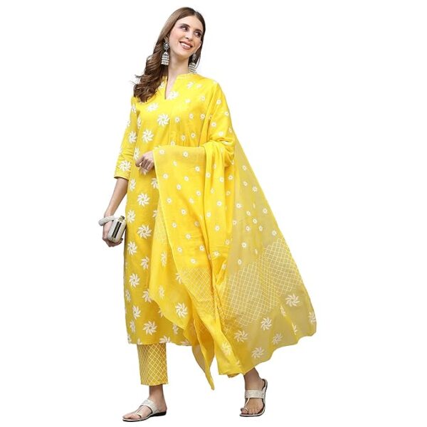 Women's Plus Size Cotton Printed Straight Kurta Pant Dupatta Set