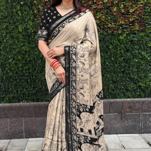 Mul Mul Silk Cotton Kalamkari Print Saree – Traditional Elegance for Women