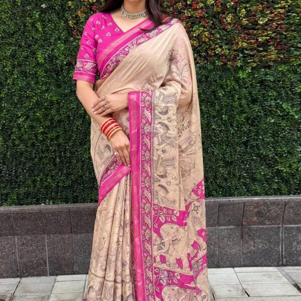 Mul Mul Silk Cotton Kalamkari Print Saree – Traditional Elegance for Women