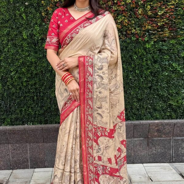 Mul Mul Silk Cotton Kalamkari Print Saree – Traditional Elegance for Women