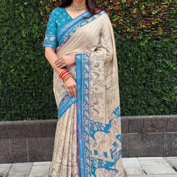 Mul Mul Silk Cotton Kalamkari Print Saree – Traditional Elegance for Women